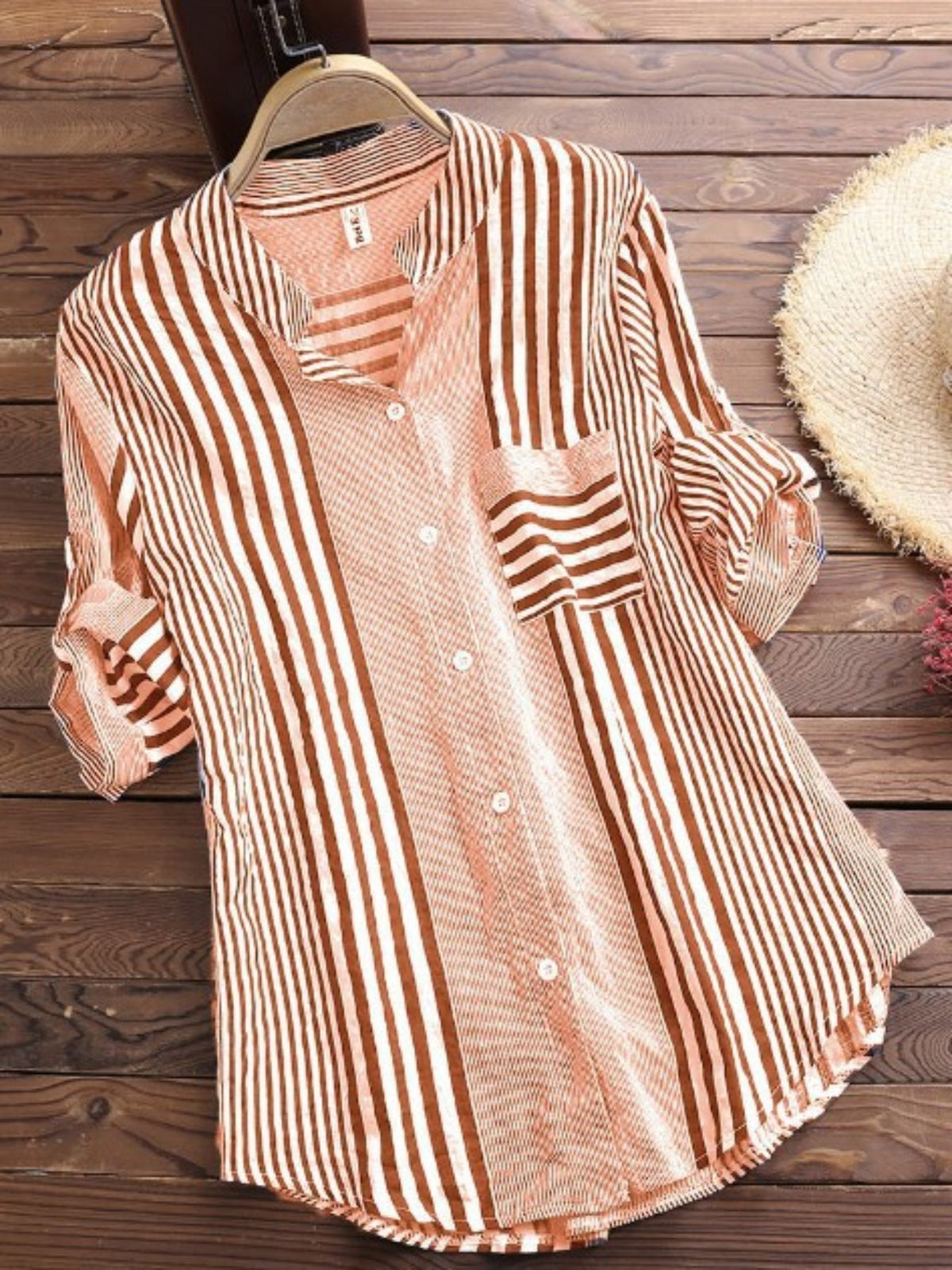 Print Button Up Roll Up Sleeve Stand Collar Round Hem Slight Stretch Blouse
