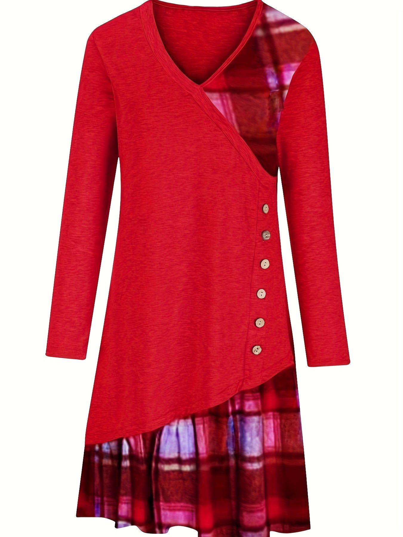 Stylish Plaid Patchwork Dress - Women's Casual Long Sleeve V Neck Ruched Asymmetrical Dresses with Button Detail