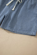 Blue Stripe Drawstring Elastic Waist Casual Denim Shorts
