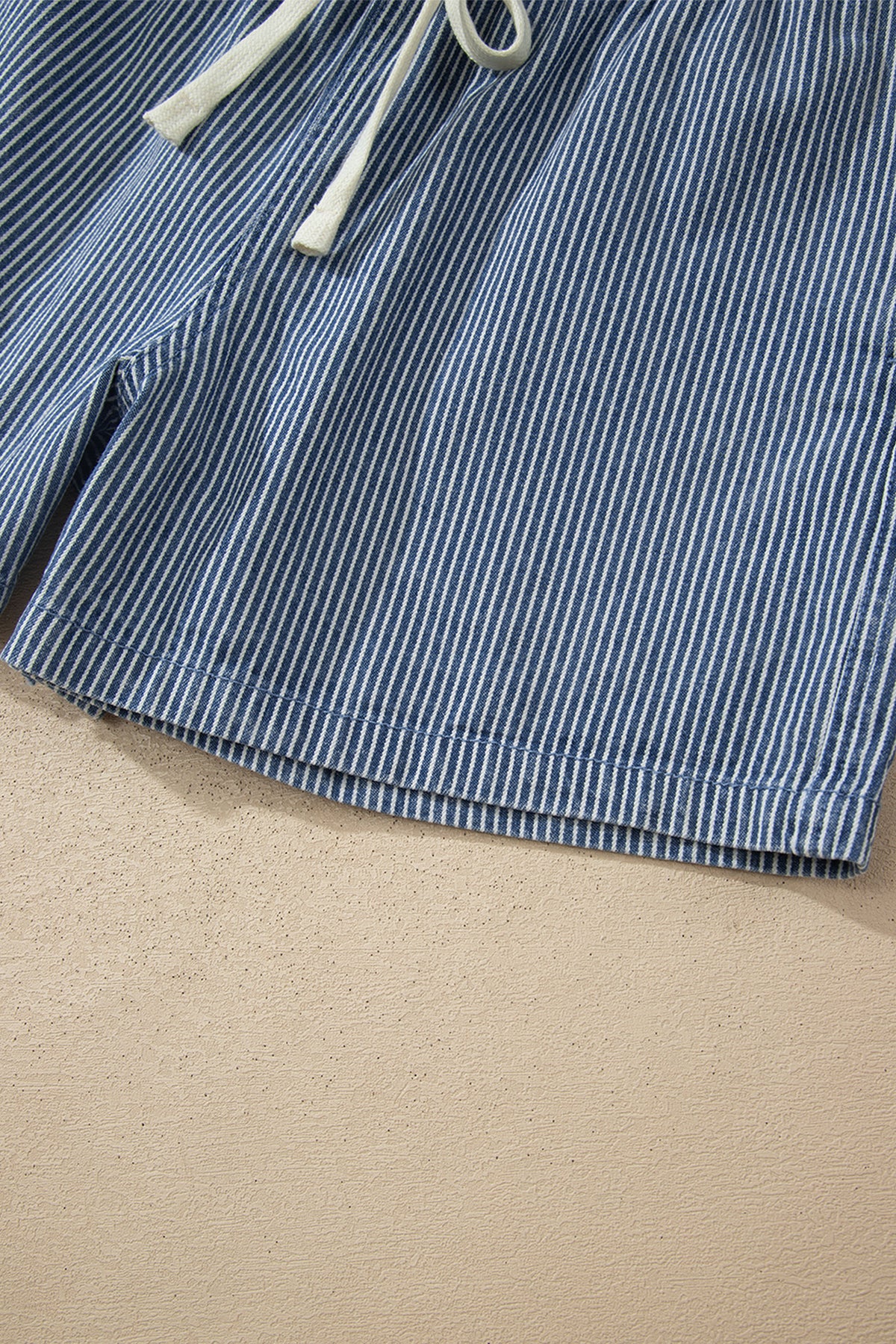 Blue Stripe Drawstring Elastic Waist Casual Denim Shorts