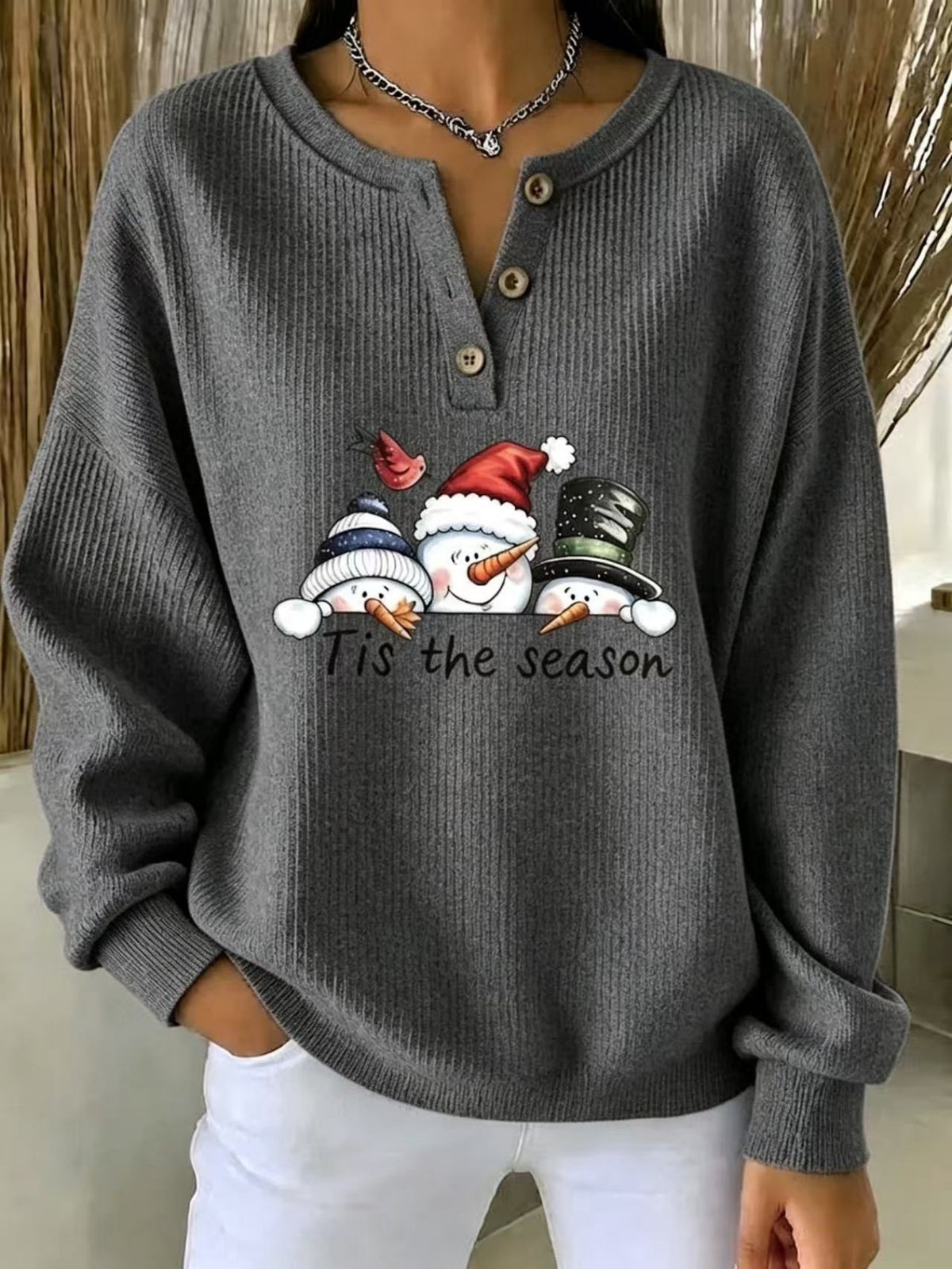 Christmas Themed Snowman Graphic Ribbed Henley Sweatshirt