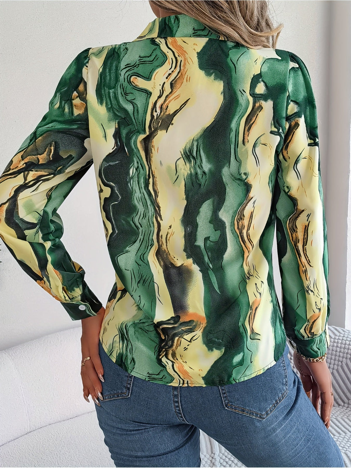 Graphic Print Button Front Shirt, Casual Long Sleeve Shirt