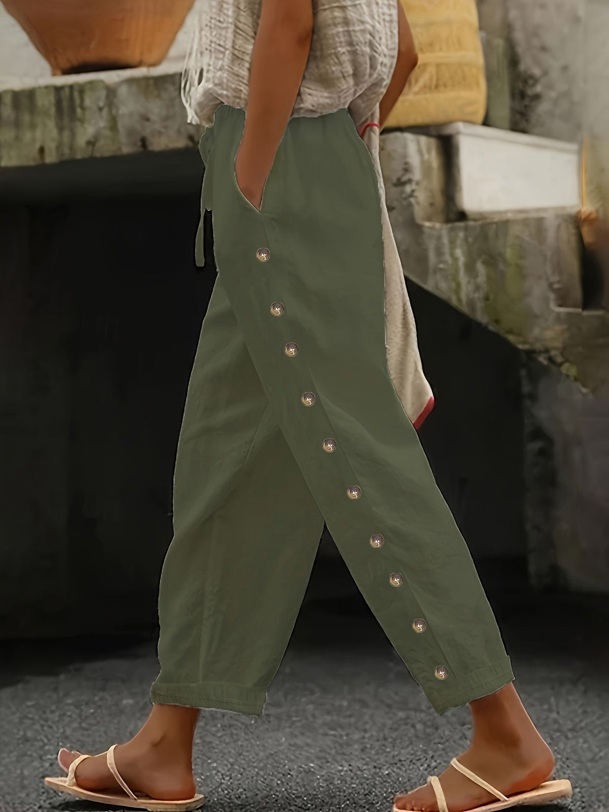 Women'S Elegant Casual Blue Straight-Leg Pants with Pearl Embellishments