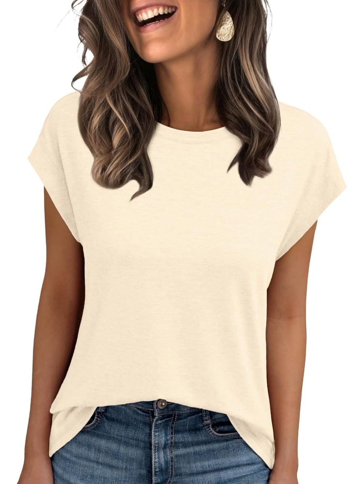 Solid Color Round Neck Cap Sleeve T Shirts