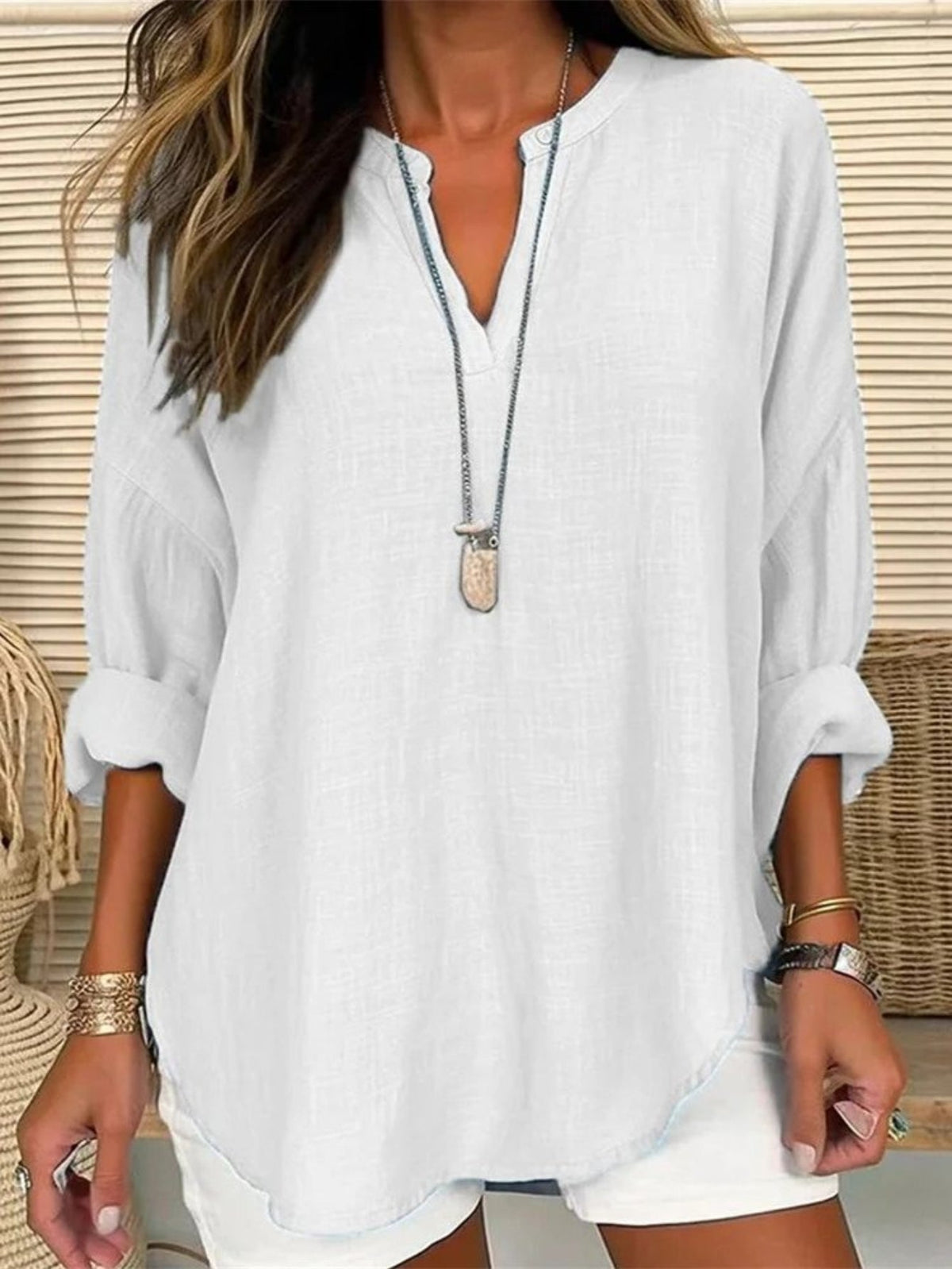 Solid Color Notched Neck Blouse, Elegant Long Sleeve Blouse