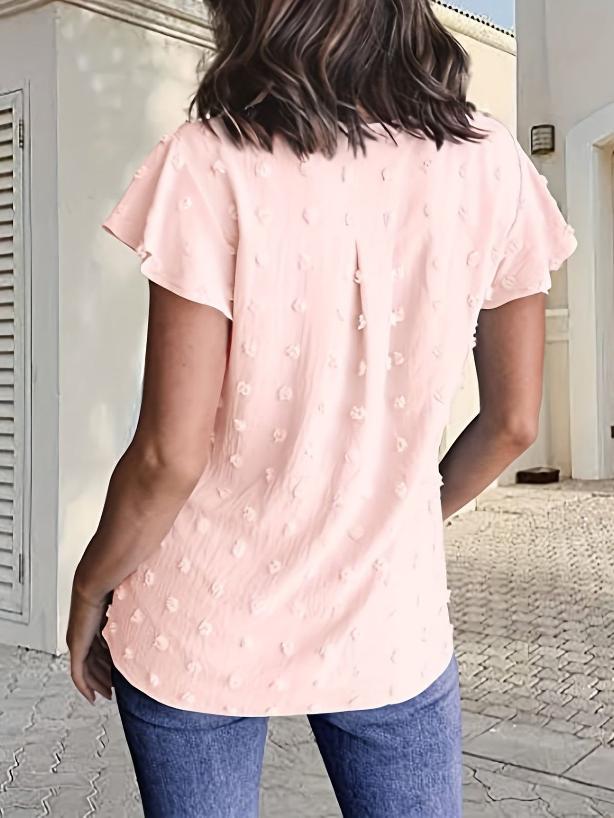 Swiss Dot V Neck Blouse, Casual Ruffle Sleeve Blouse