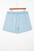Sky Blue Stripe Plus Size Contrast Drawstring Elastic Waist Denim Shorts