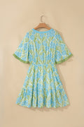 Sky Blue Floral Print High Waist Ruffle Short Sleeve Mini Dress