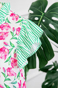 Multicolour Sweet Floral Print Striped Ruffle Trim V Neck Blouse
