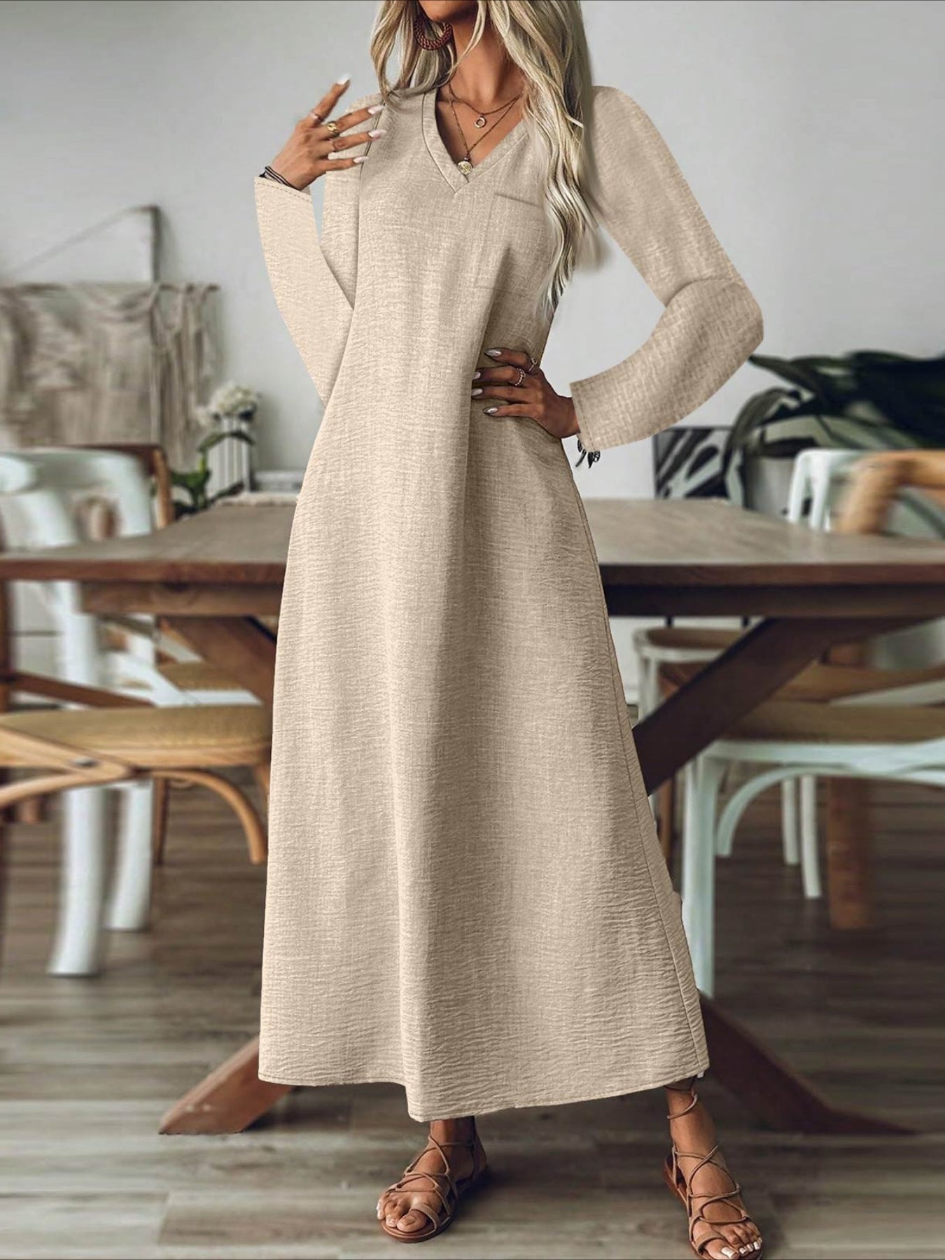 Back Zipper Solid Color Long Sleeve Cotton and Linen Dress
