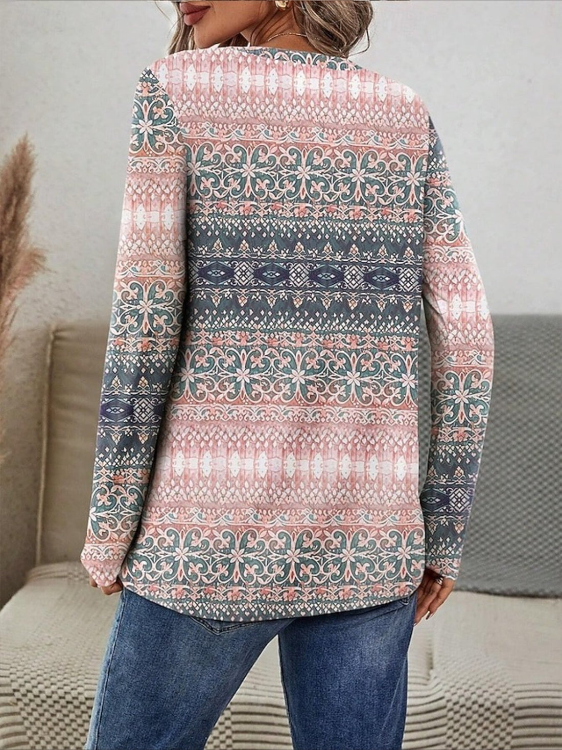 Crew Neck Long Sleeve Tunic Graphic Geometric Stylish Casual Trendy Regular Tops