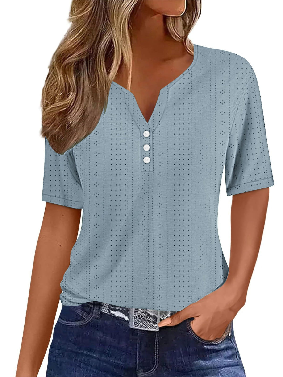 Eyelet Embroidered Button Front T-shirt, Casual V Neck Short Sleeve Top
