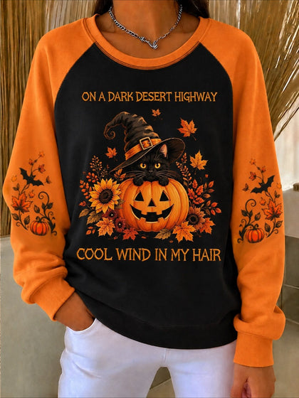 Text Letters Halloween Printed Crew Neck Long Sleeve Sweater Hoodie