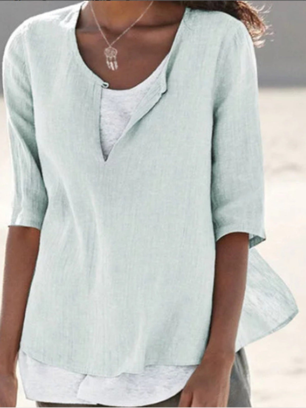 Solid Color Crew Neck Front Slit Stylish Pullover Top