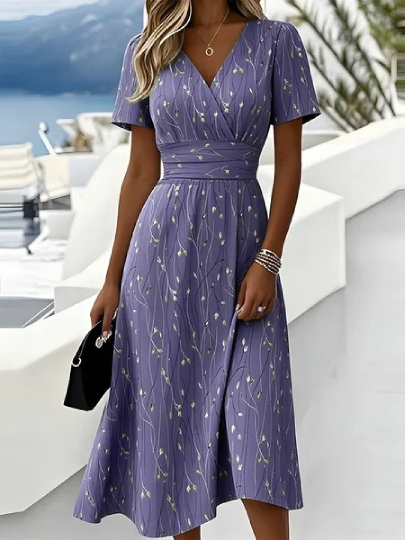 Leaf Summer V Neck Short Sleeve Beach A-Line Dress