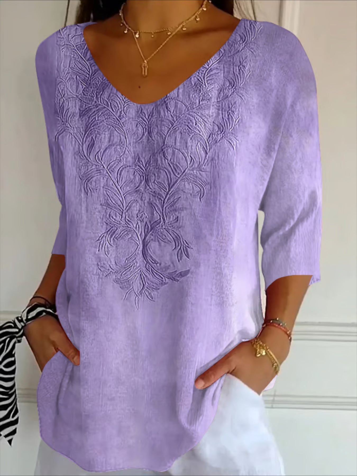 Floral Three Quarter Sleeve Tee T-shirt V Neck Printing Casual Spring/Fall Graphic Tee Top