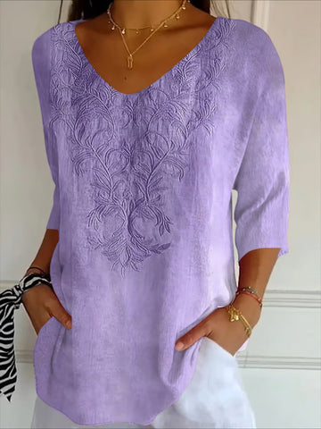 Floral Three Quarter Sleeve Tee T-shirt V Neck Printing Casual Spring/Fall Graphic Tee Top