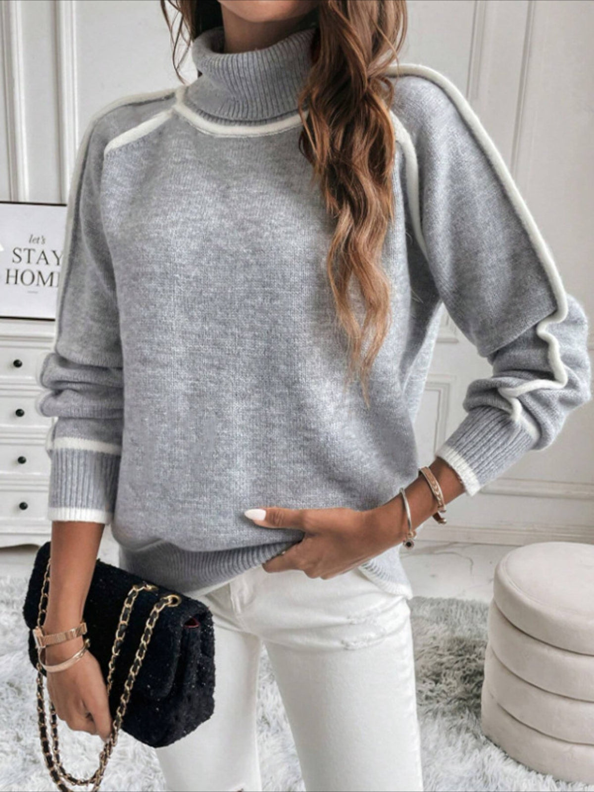 Stylish Contrast Trim Turtle Neck Sweater - Cozy Casual Long Sleeve Sweater