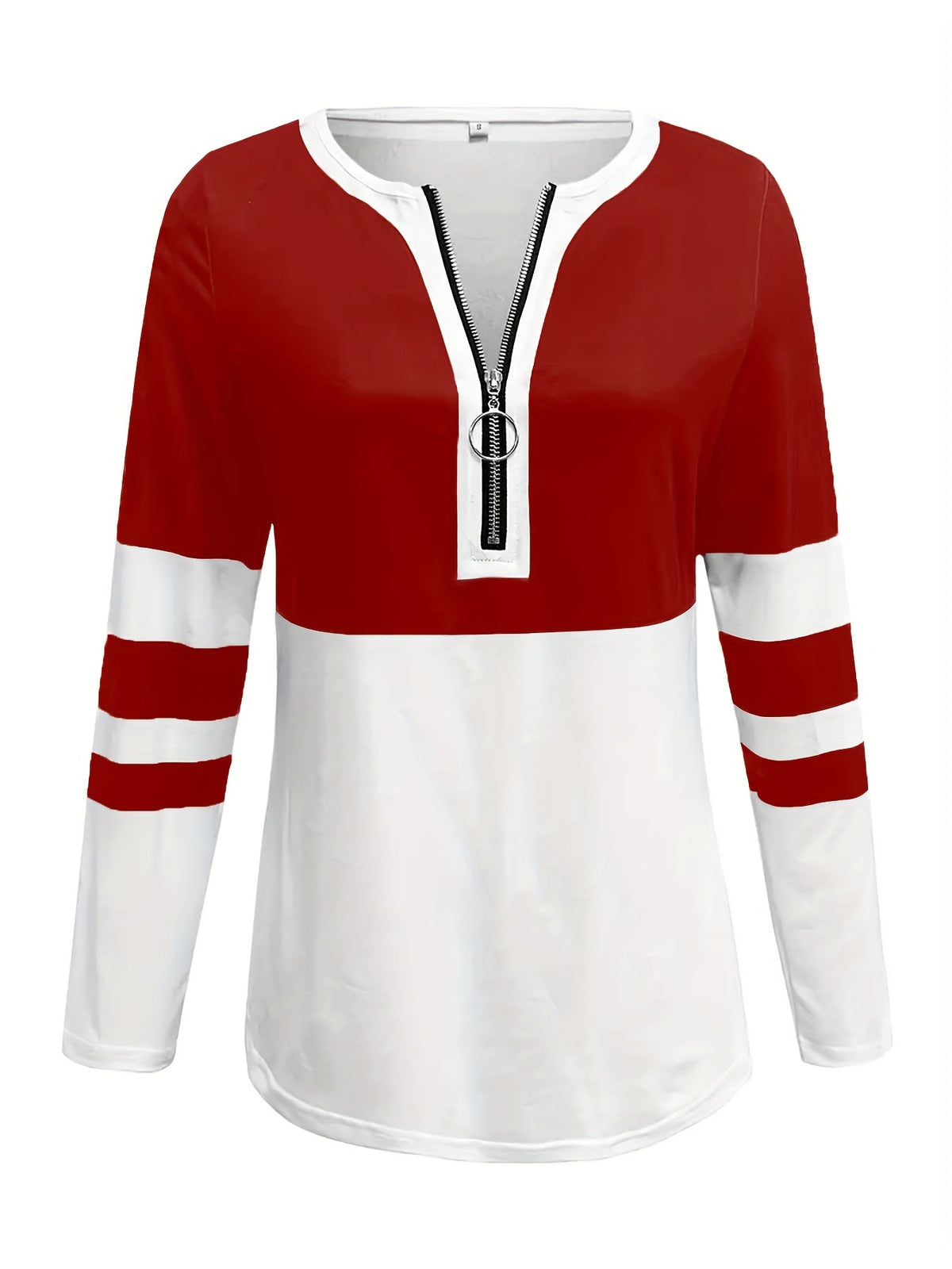 Stylish Color Block V-Neck Long Sleeve T-Shirt with Zipper Detail