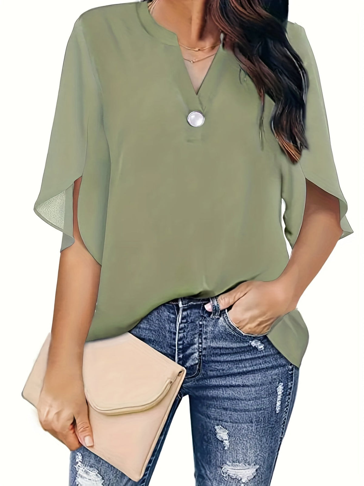 Elegant Top, Women's Plain Button Decor Half Sleeve V Neck Slight Stretch T-shirt