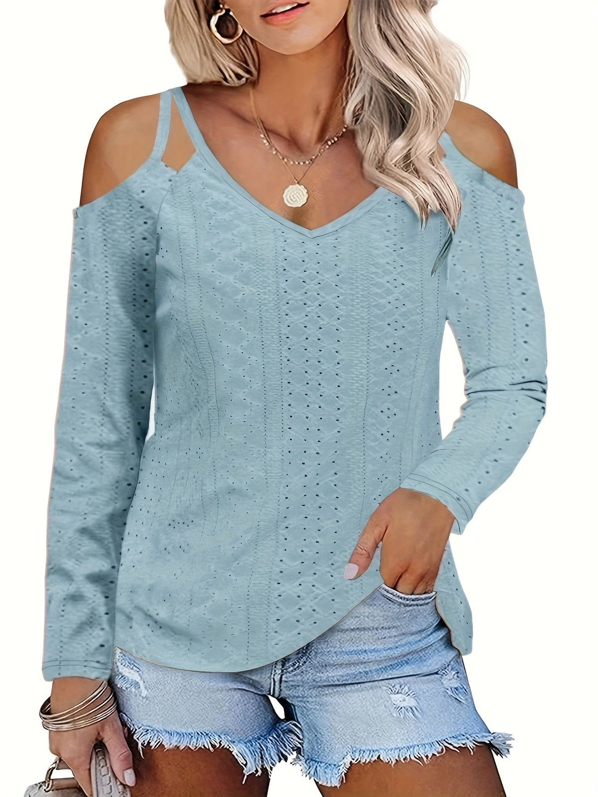 Casual Top, Women's Solid Eyelet Embroidered Cut Out Cold Shoulder Long Sleeve V Neck Top