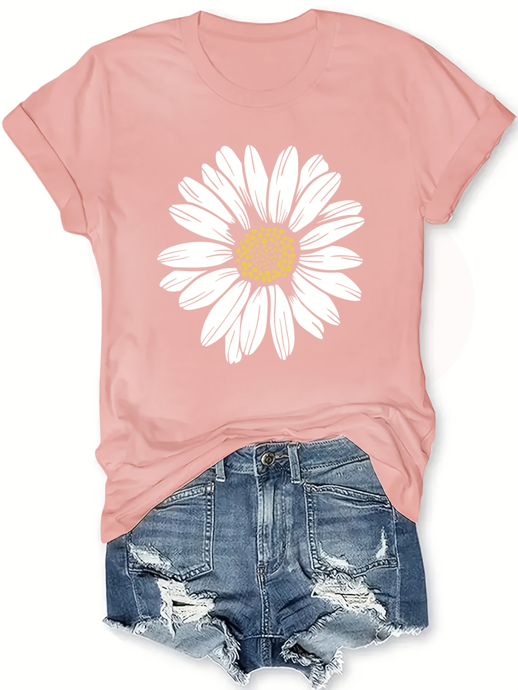Daisy Flower Print Crew Neck Short Sleeve T-Shirt