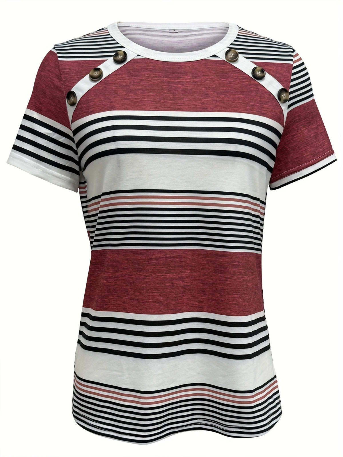 Button Front Vibrant Striped Short Sleeve Crew Neck T-Shirt