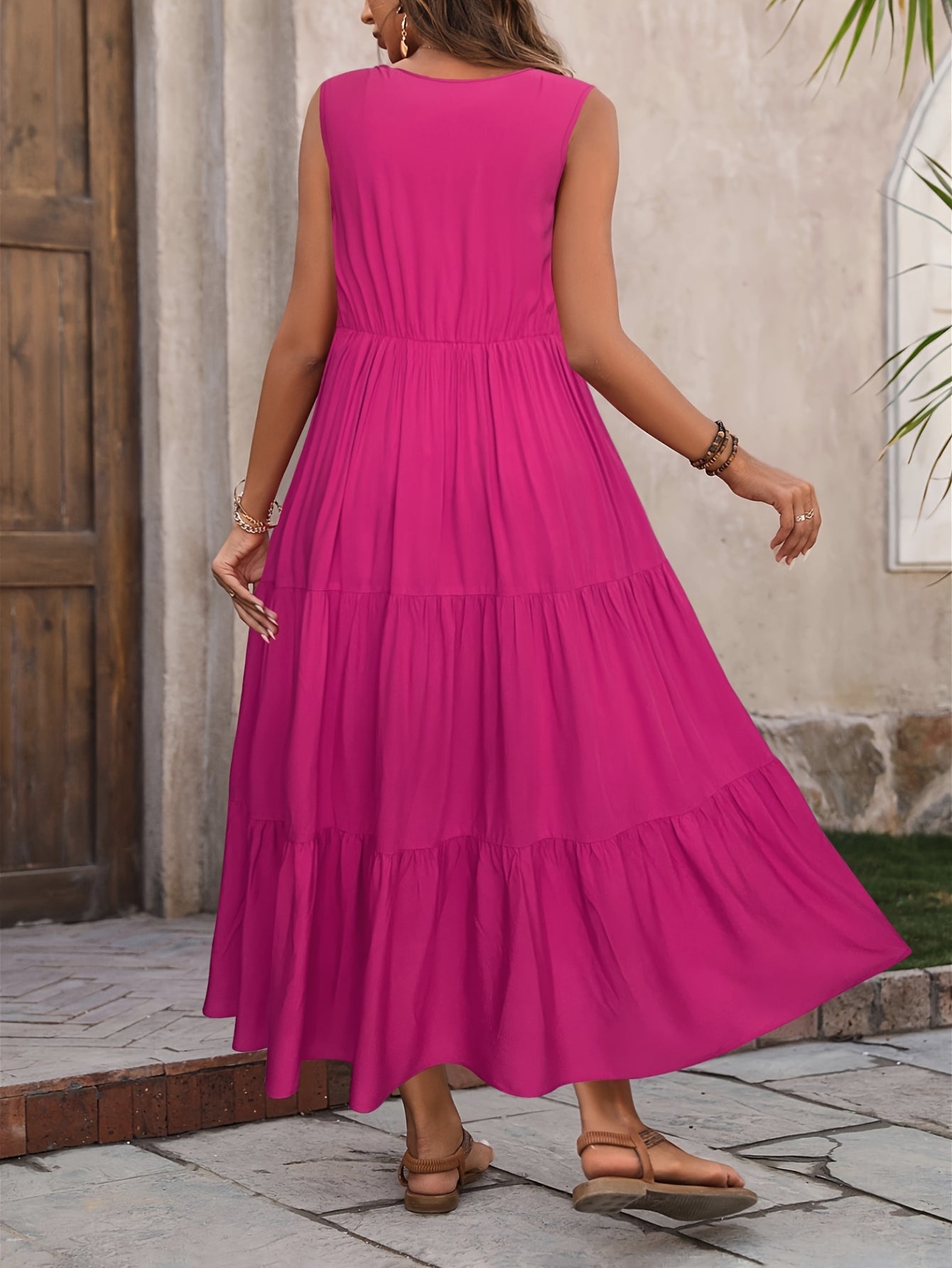 Loose V Neck Ruffle Hem Dress, Casual Sleeveless Dress