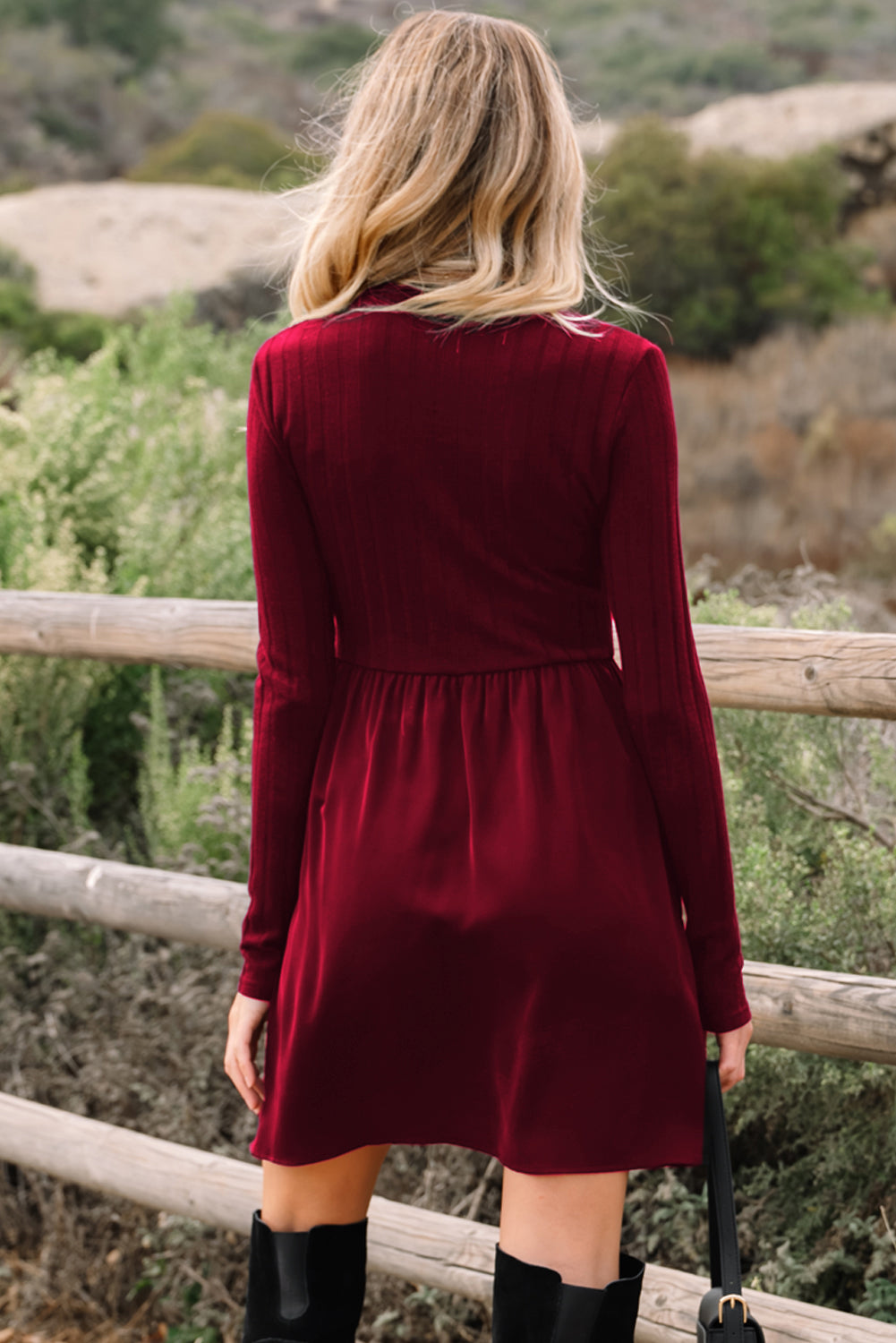 Red Dahlia Frilled Neck Ribbed Knit Patchwork Long Sleeve Mini Dress
