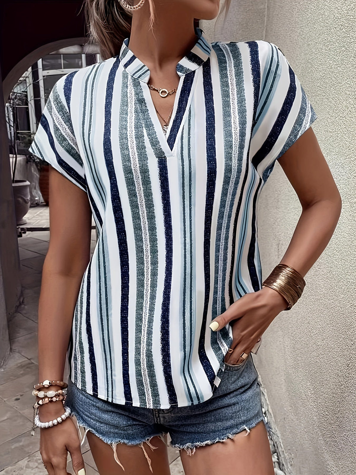 Striped Print Notched Neck Blouse, Casual Short Sleeve Blouse