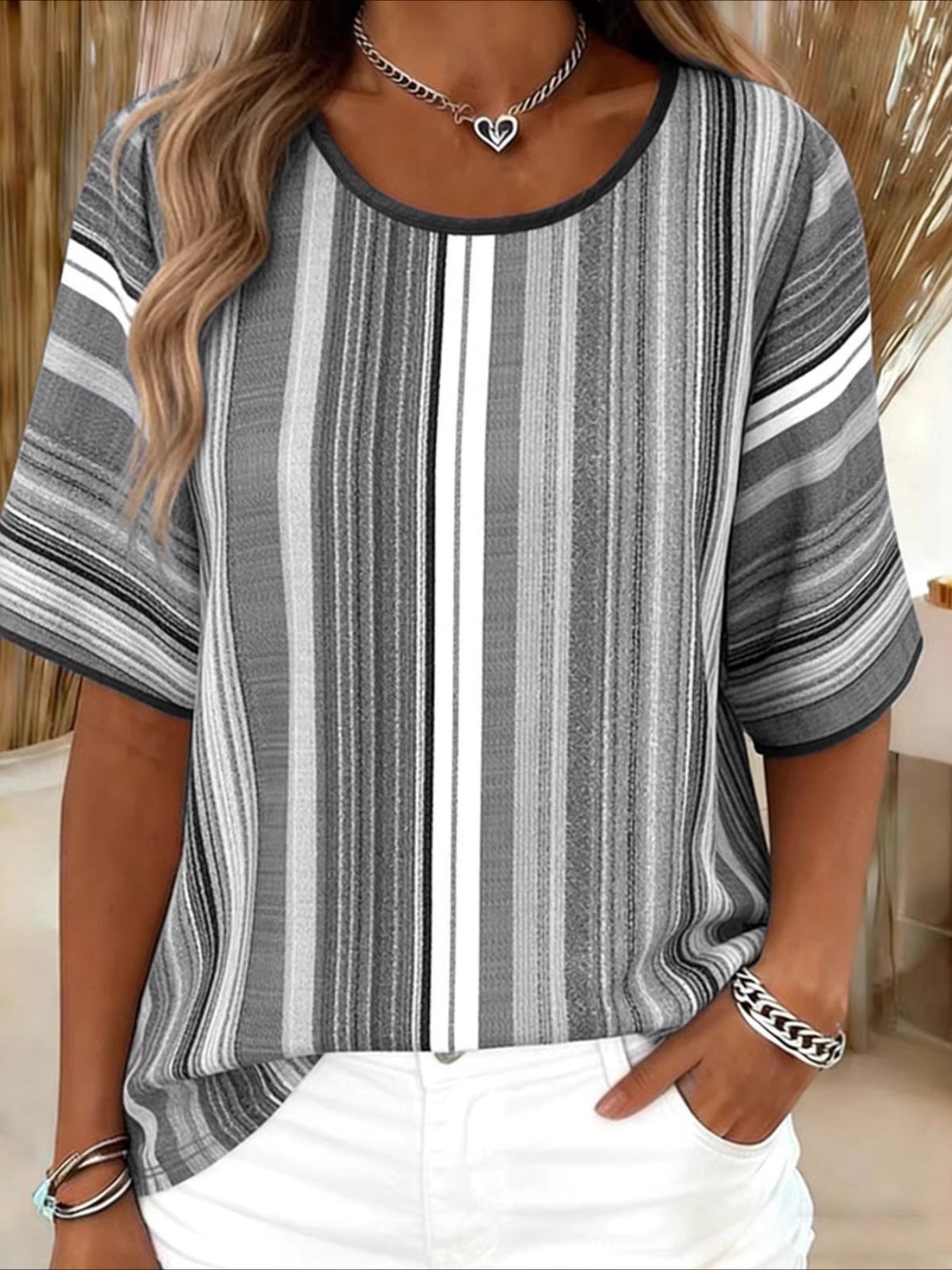 Vintage Striped Crew Neck Short Sleeve T-shirt