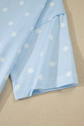 Sky Blue Polka Dot Short Sleeve Loose Top Drawstring Shorts Set