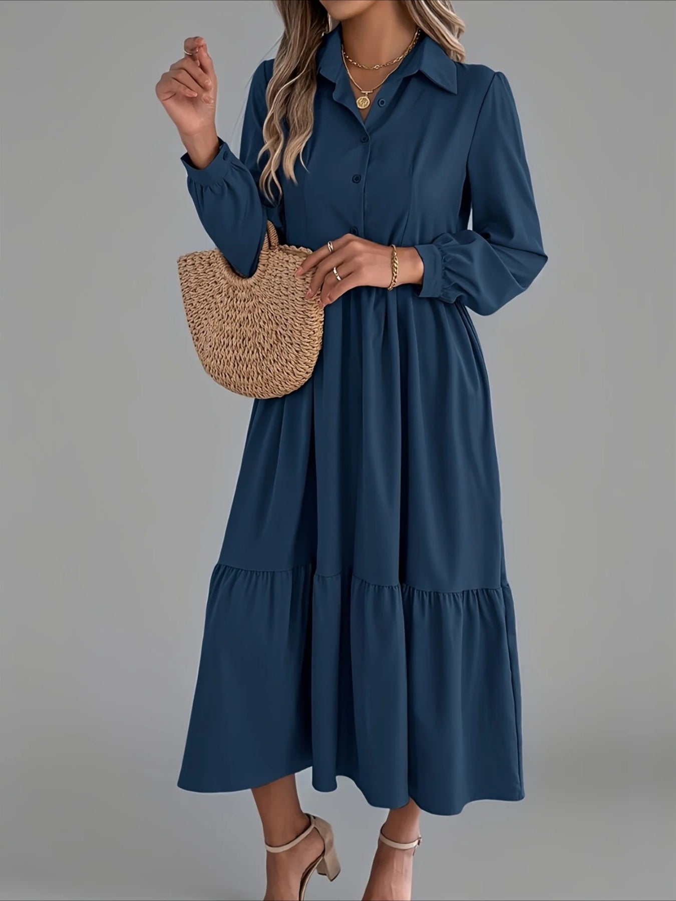 Elegant Solid Color Ruffle Hem Long Sleeve Lapel Collar Midi Dress
