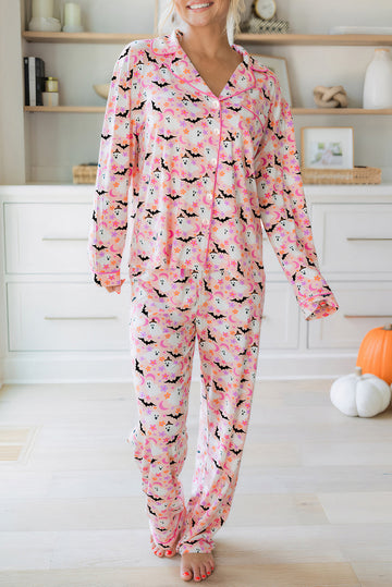 Pink Halloween Eve Haunted Honey Bat Print Pajama Set