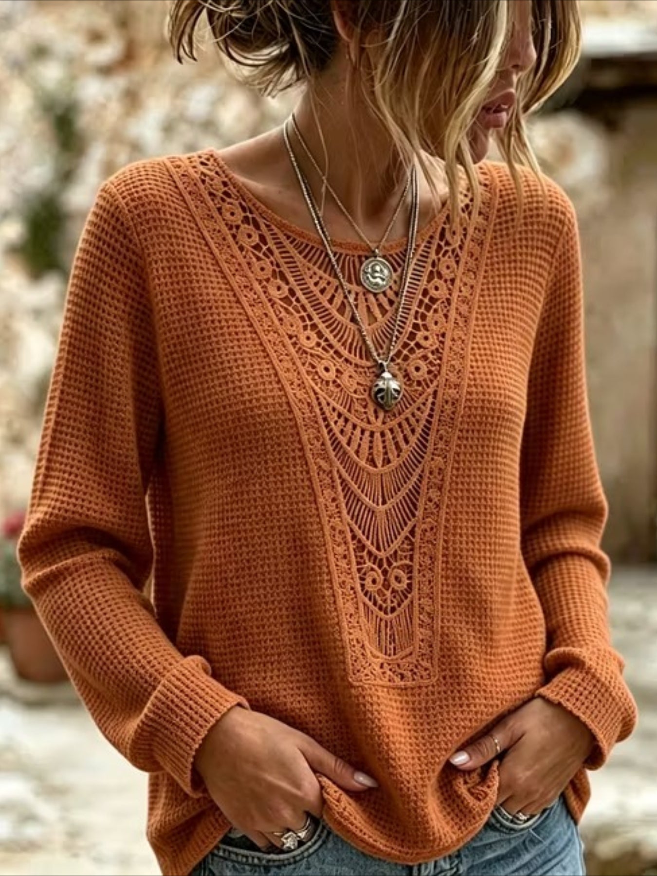 Pineapple Checked Lace Splicing Long Sleeve Solid Color T-shirt