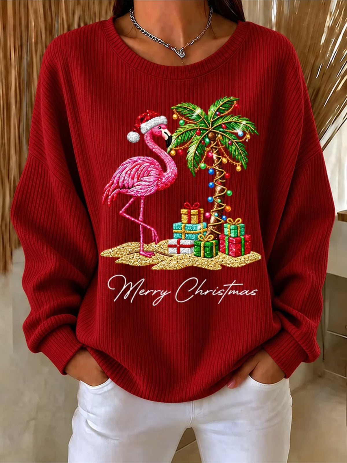 Christmas Animal Printing Loose Crew Neck Regular Fit Sweatshirt