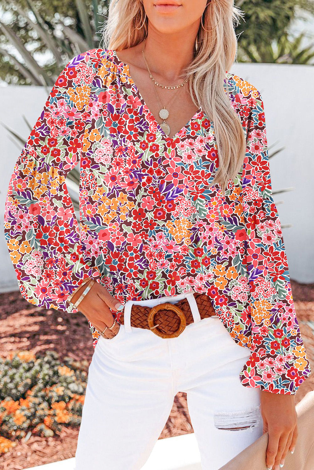 Fiery Red White Floral Print V Neck Long Puff Sleeve Top