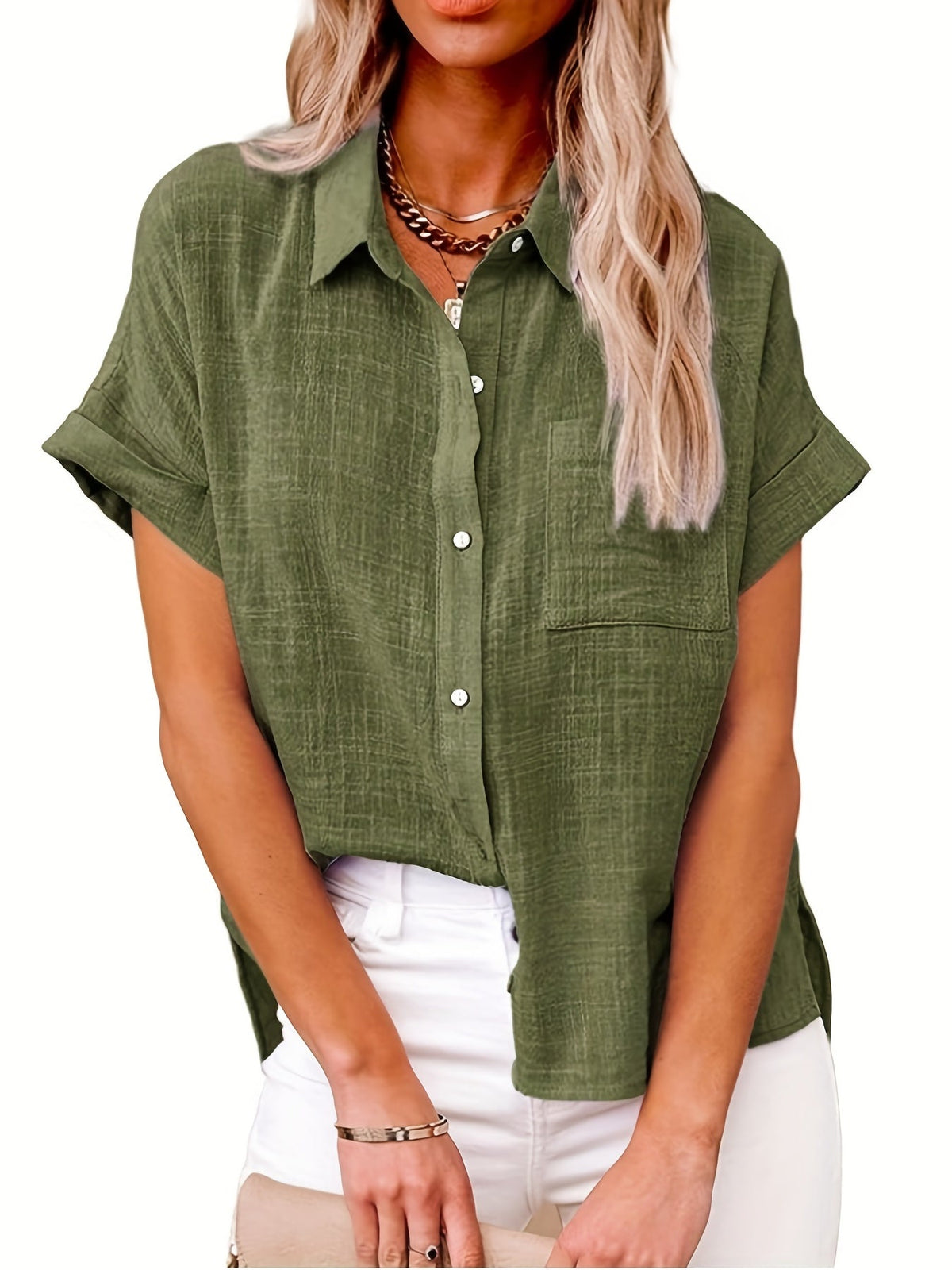 Solid Color Short Sleeve Blouse, Casual Button Front Blouse