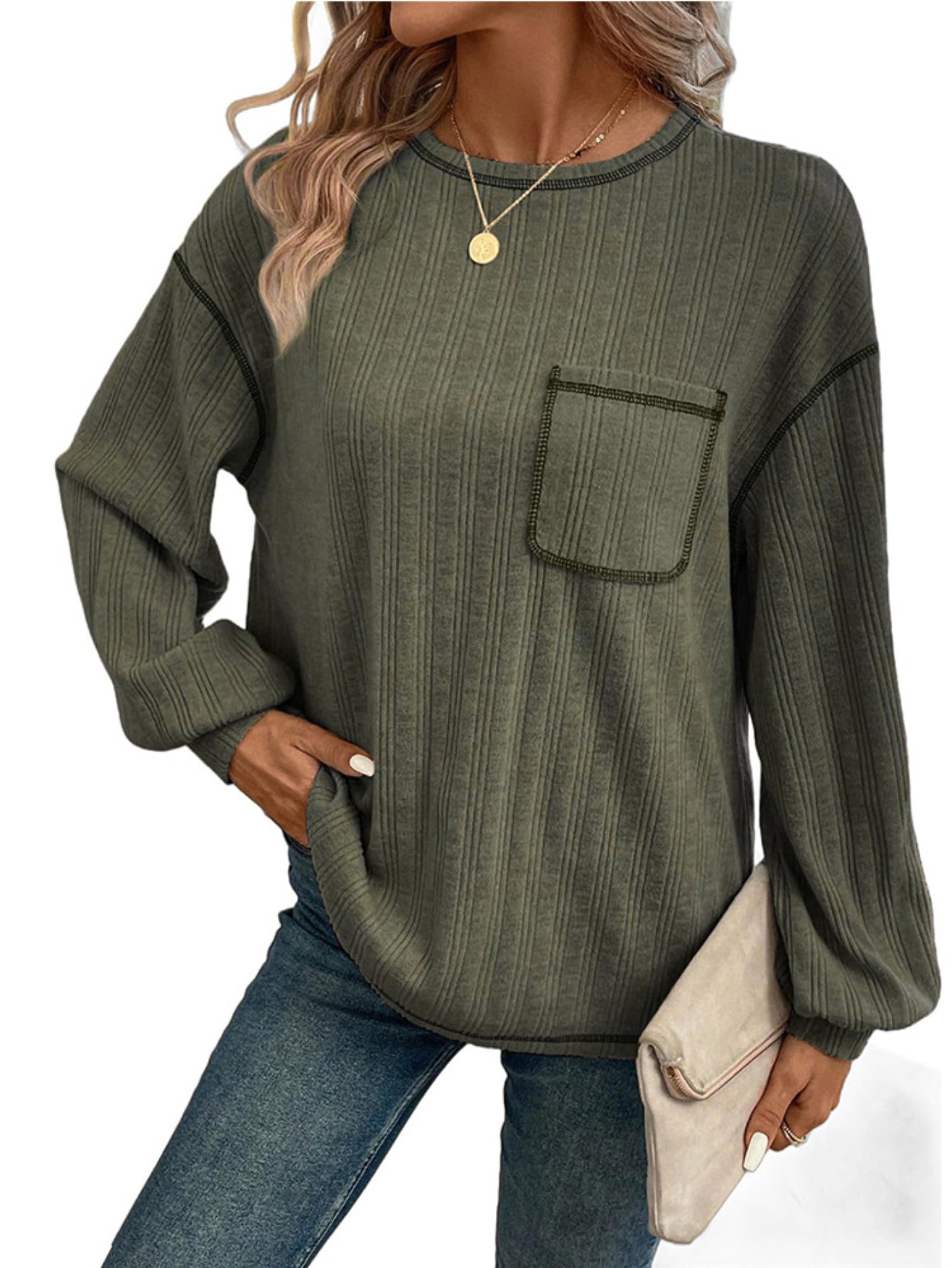 Long Sleeve Shirts Solid Crewneck Knitted Loose Fit Pullover Shirts Tops