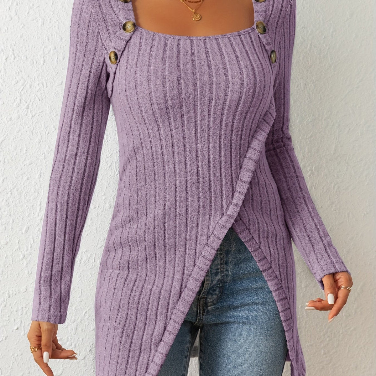Button Decor Asymmetrical Hem T-Shirt, Casual Ribbed Long Sleeve Top