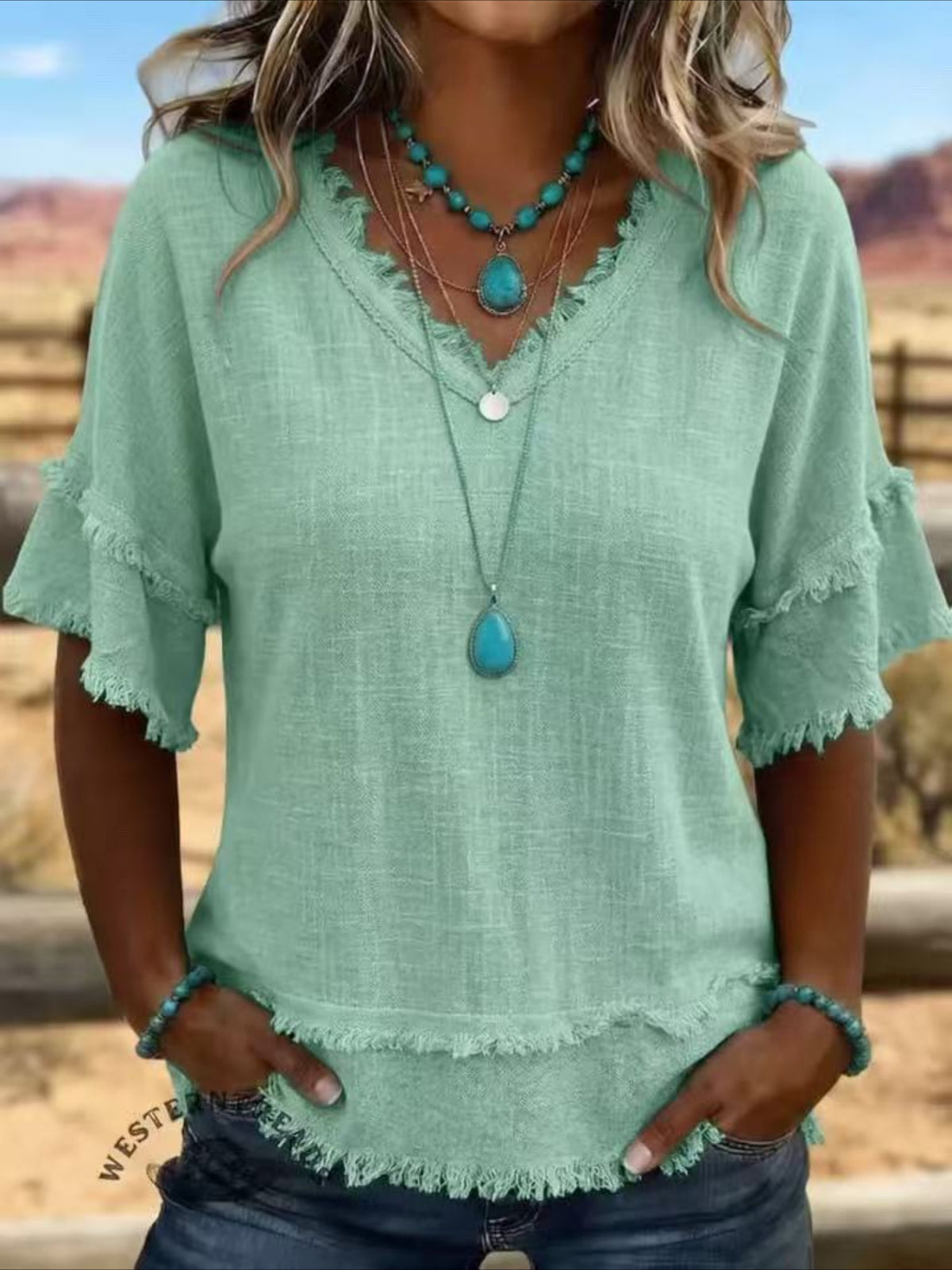 V Neck Pullover Short Sleeve Loose Casual Blouse