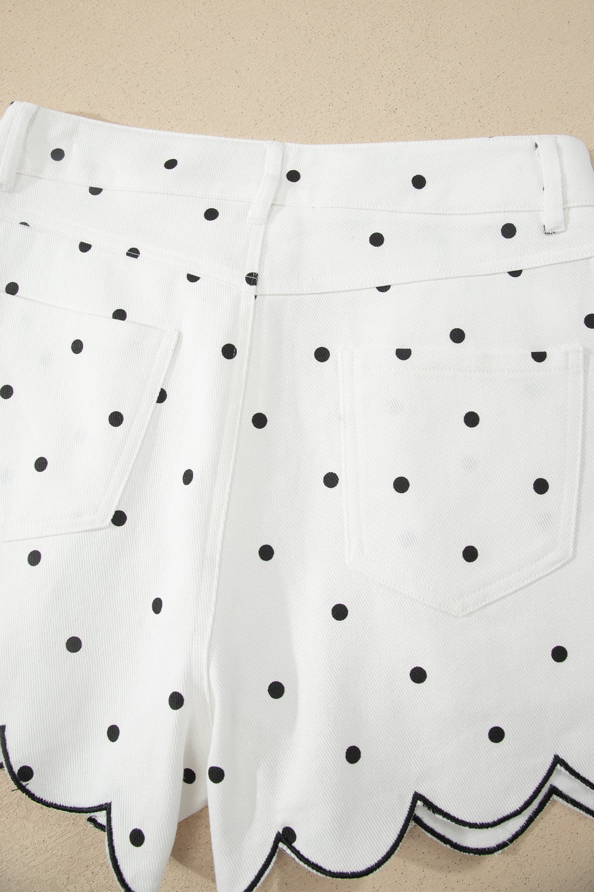 White Polka Dot Print Embroidered Scallop Hem Shorts