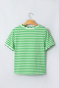 Green Stripe Scalloped Trim Round Neck T Shirt