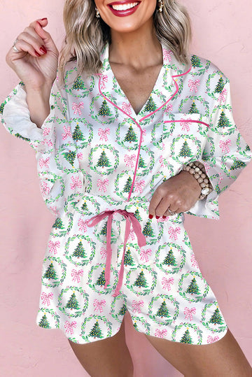 Green Christmas Fashion Print Velvet Trim Bow Knot Pajama 2pcs Short Set