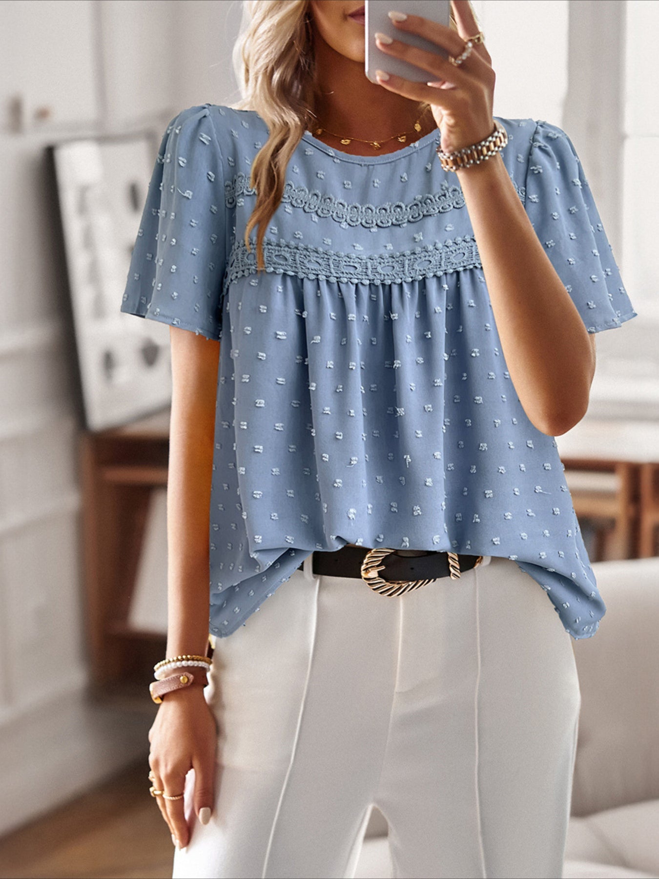 Swiss Dot Butterfly Sleeve Lace Detail Round Neck Casual Shirt