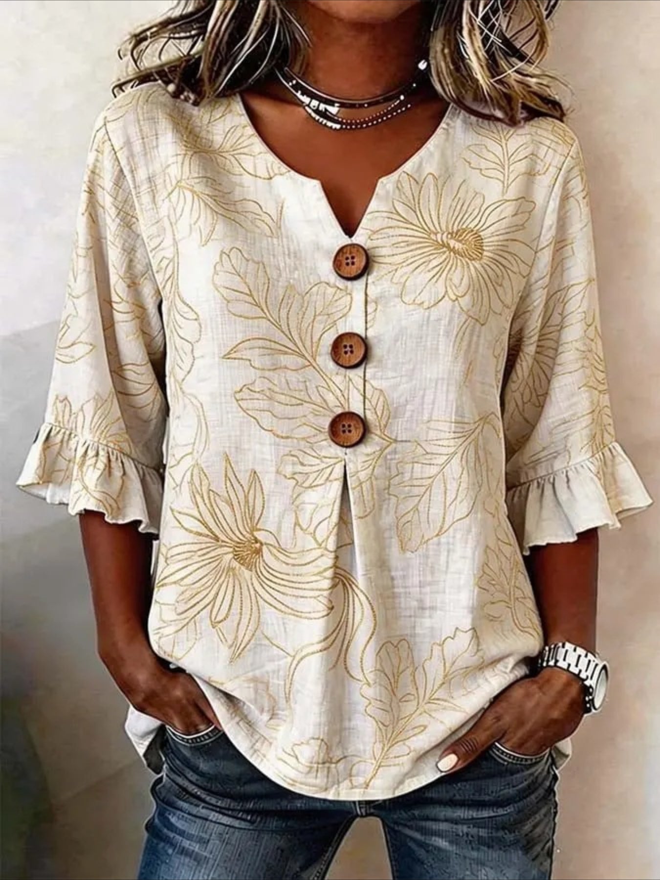 Floral V Neck Button Short Ruffle Sleeve Casual Top