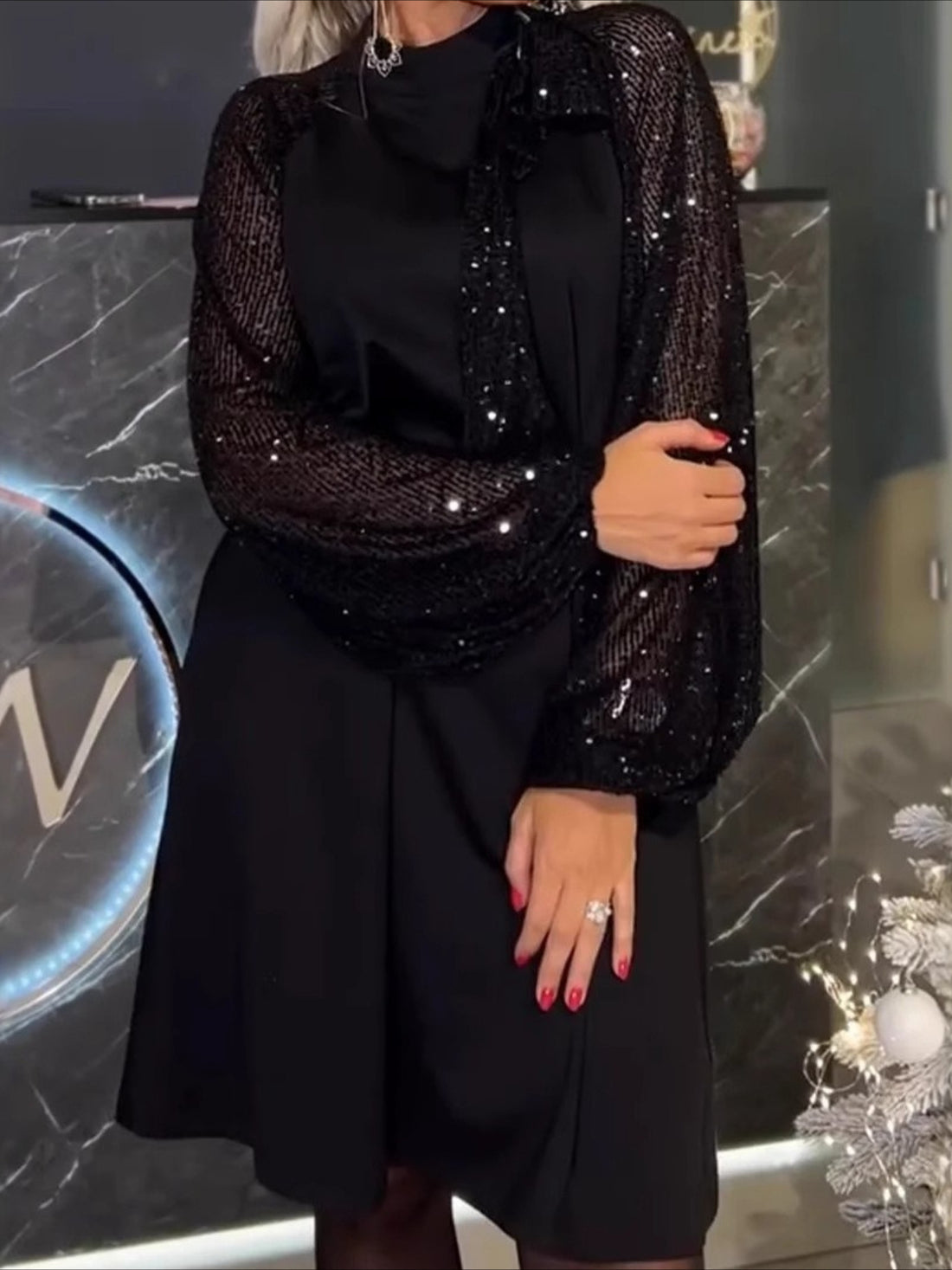 Long Sleeve Spring/Fall Red Plain Split Joint Crew Neck Vintage A-Line Sequin Midi Dress