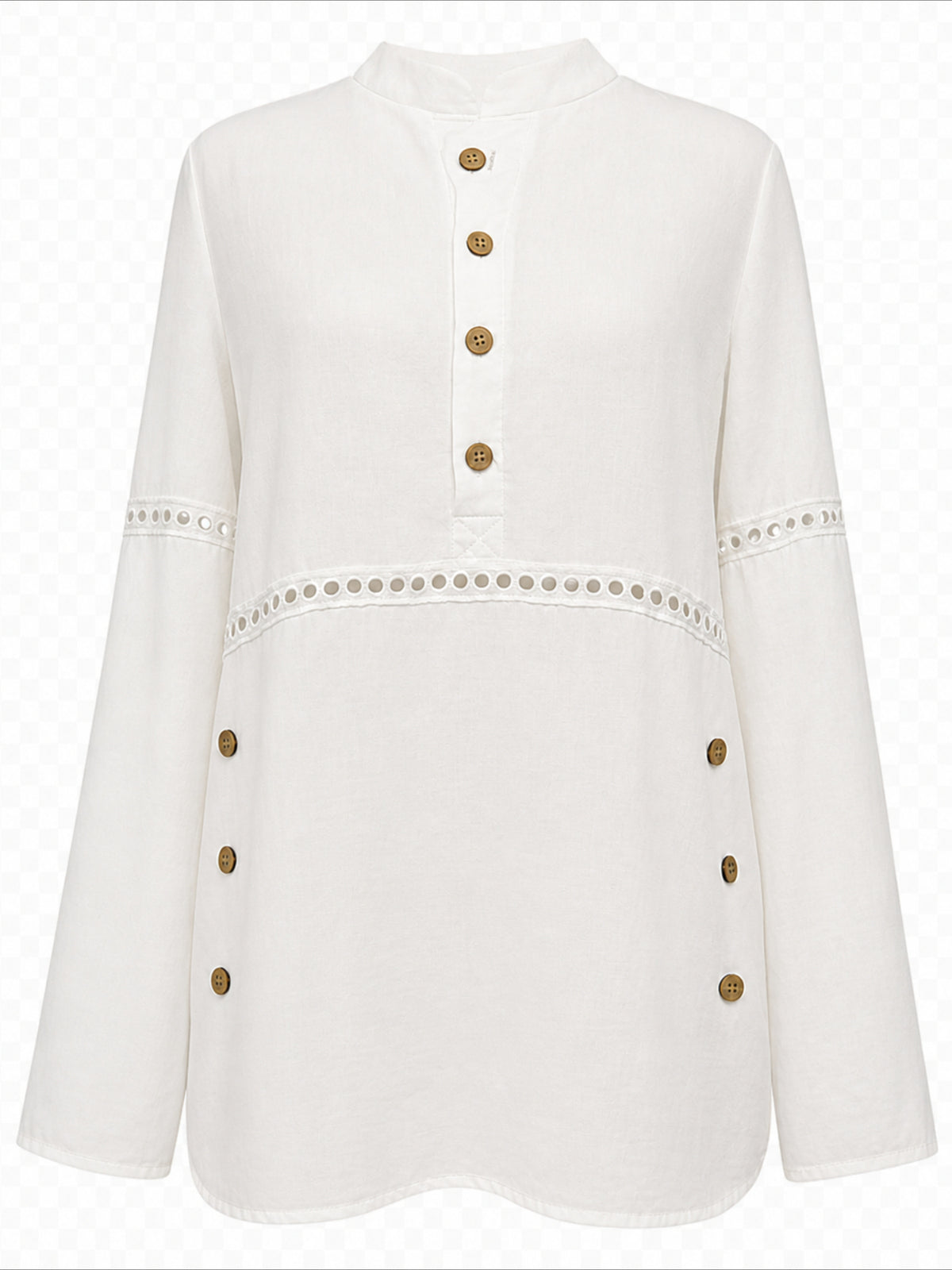 Solid Color Stand Collar Long Sleeve Half-Placket Side Button Cutout Detail Loose Fit Top