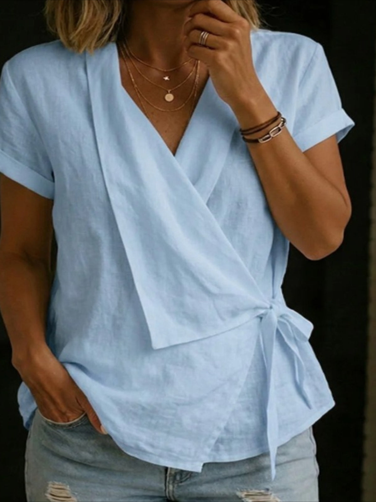 Casual Short Sleeve Pullover Crew Neck Lace-Up Design Asymmetrical T-Shirt