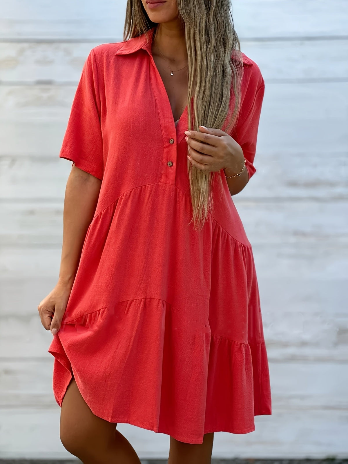Linen Women's Summer Dress - Loose Fit, Short Sleeve, Lapel Collar, Button Front